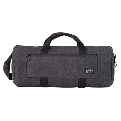 Front-facing shot of a charcoal fabric RYOT Pro-Duffle Carbon Series Smell-Proof Bag with top handles, front zip pocket, and logo patch.