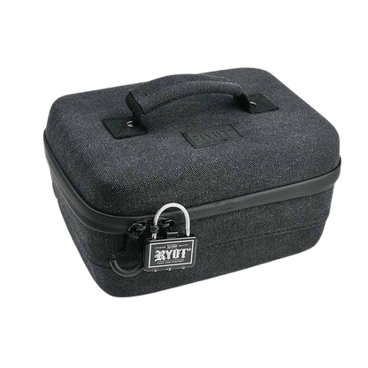 Angled top-front view of a textured olive RYOT Safe Case with stitched handle, zipper closure and a small branded padlock on the front corner