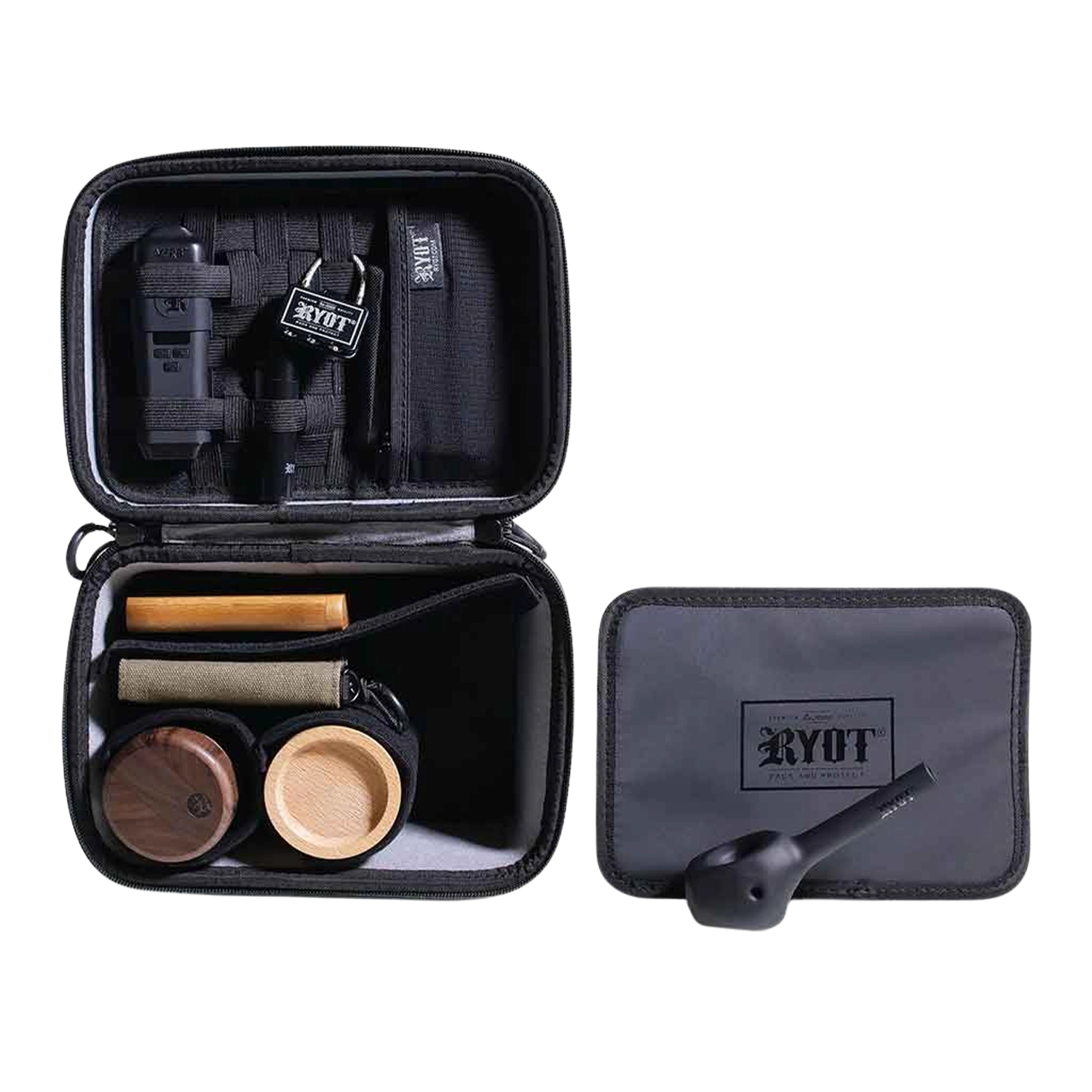 Open overhead view of a black RYOT Safe Case with its zippered lid open to reveal elastic straps, wooden containers, and a small lock.