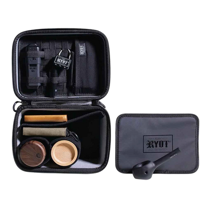 Open overhead view of a black RYOT Safe Case with its zippered lid open to reveal elastic straps, wooden containers, and a small lock.