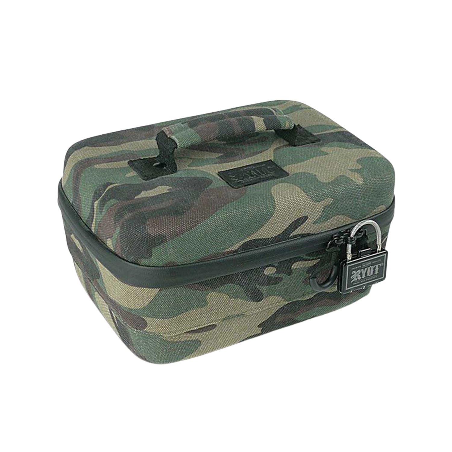 Angled top-front view of a camo fabric RYOT Safe Case with a stitched handle and small padlock on the zipper.