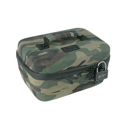 Angled top-front view of a camo fabric RYOT Safe Case with a stitched handle and small padlock on the zipper.