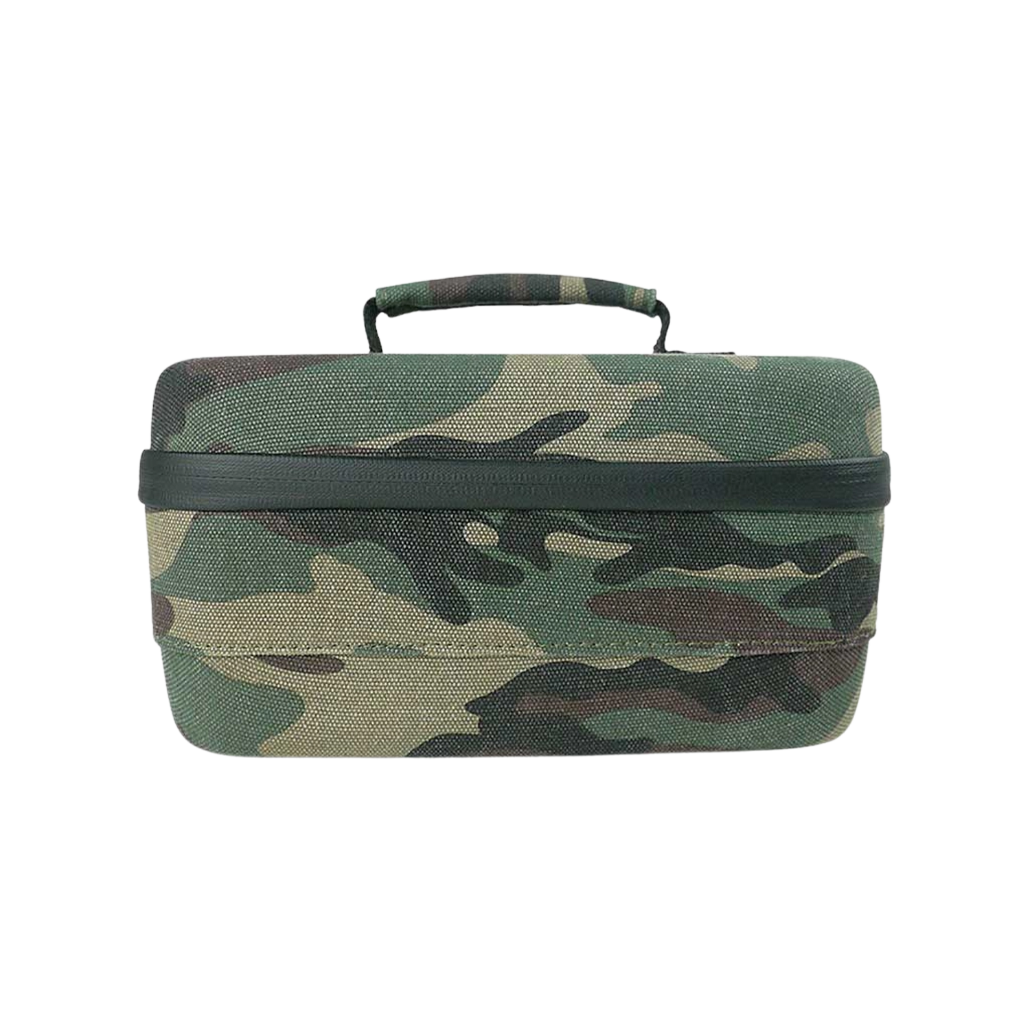 Front-facing view of a camo fabric RYOT Safe Case with a top handle and visible zipper seam across the middle.