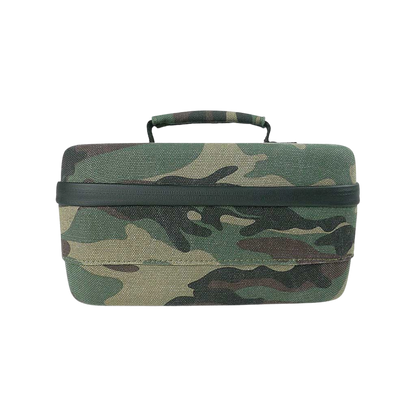 Front-facing view of a camo fabric RYOT Safe Case with a top handle and visible zipper seam across the middle.