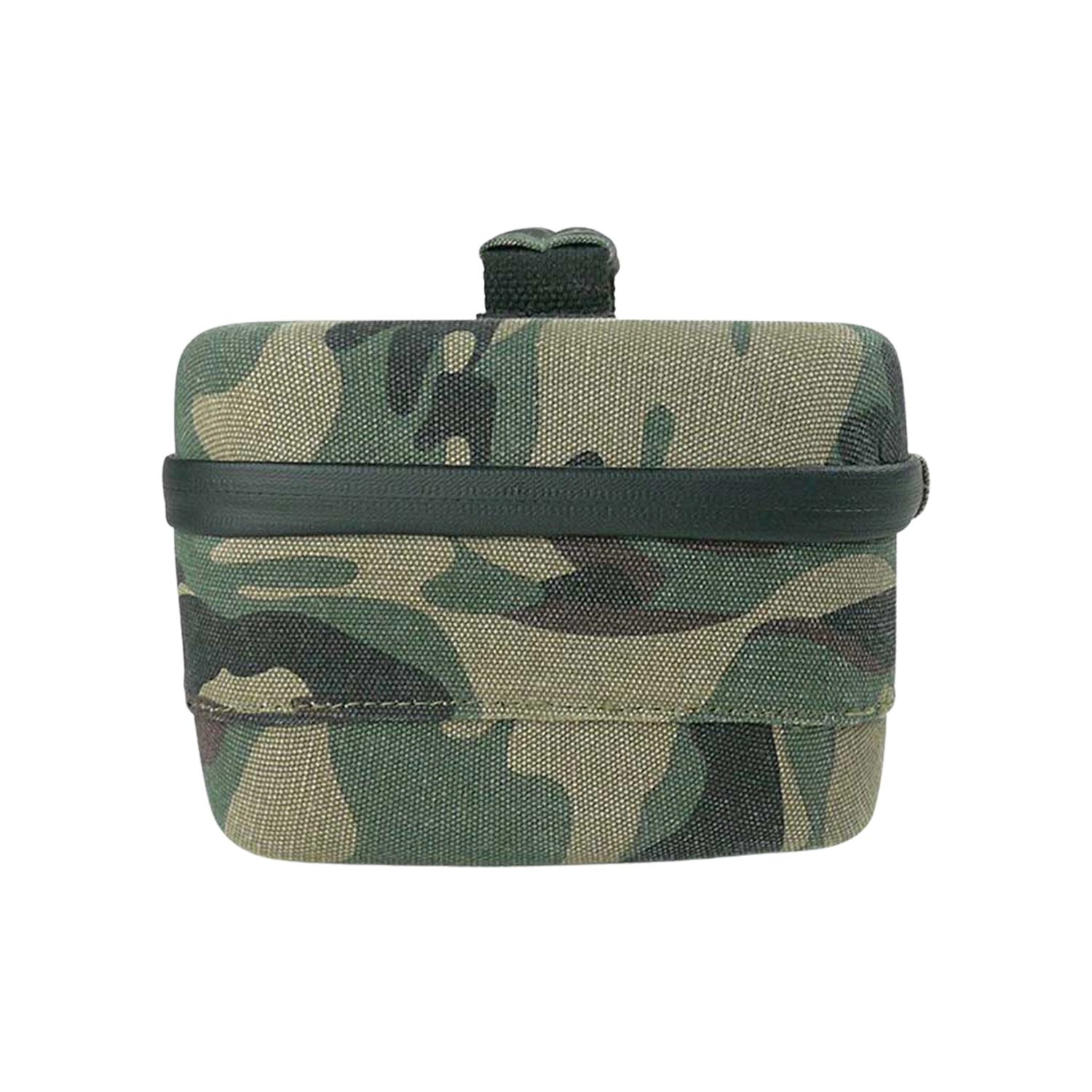 Close-up front view of a camo-pattern RYOT Safe Case with rounded top, stitched fabric texture, and a small tab centered on the lid