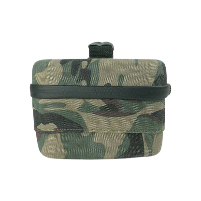 Close-up front view of a camo-pattern RYOT Safe Case with rounded top, stitched fabric texture, and a small tab centered on the lid
