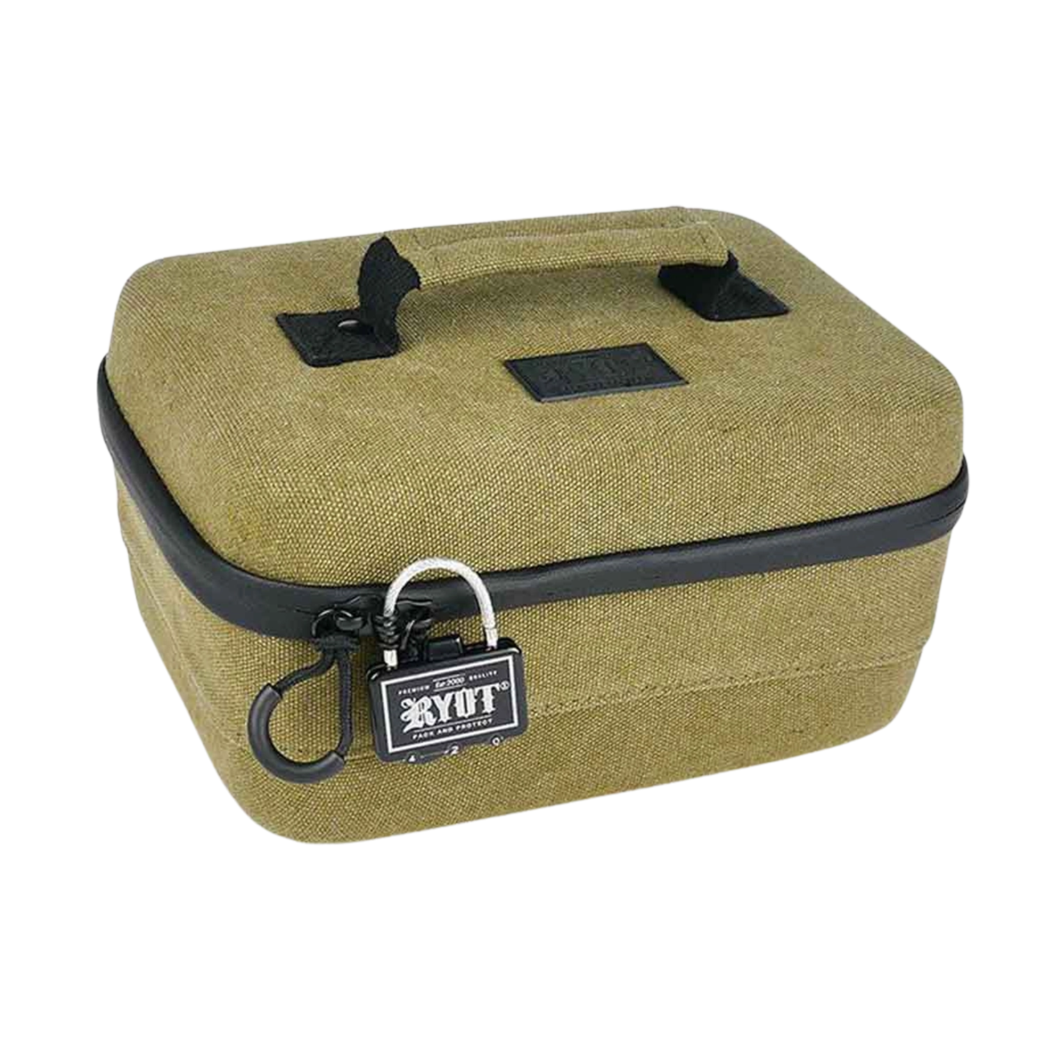 Angled close-up of an olive‑green RYOT Safe Case with a fabric top handle, black zipper trim, and a small branded padlock on the front.