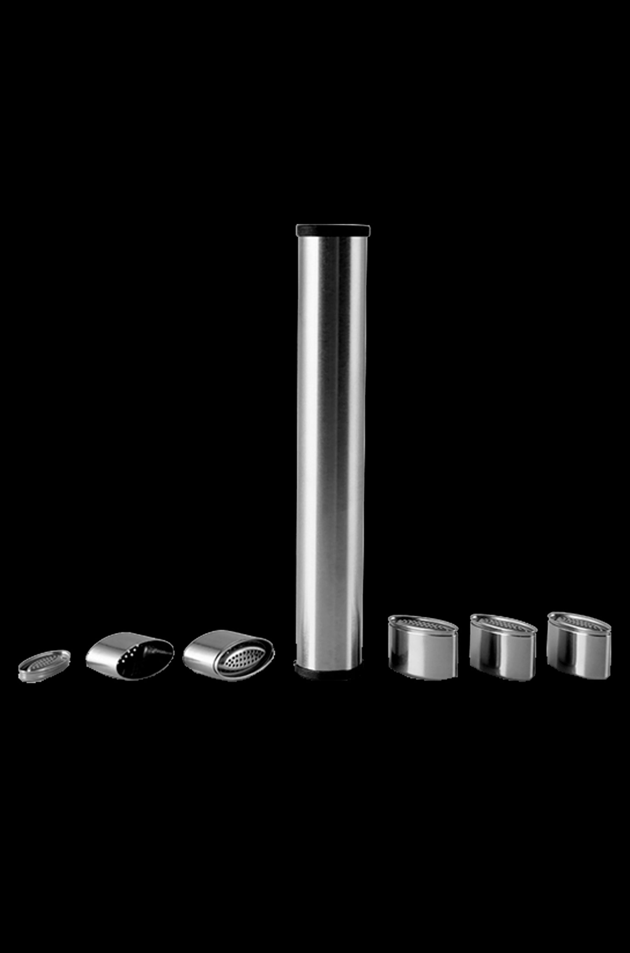 Silver cannabis pipe components displayed on a black background.