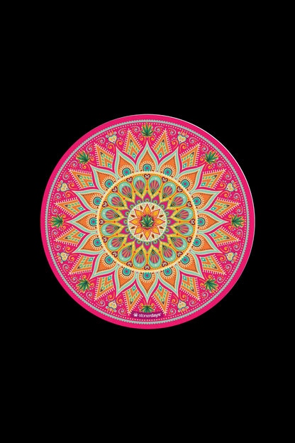 Close-up of a vibrant pink and orange mandala mat photographed from above, showing the lower half of the StonerDays Mandala Dab Mat Combo - 4 Pack against a black background