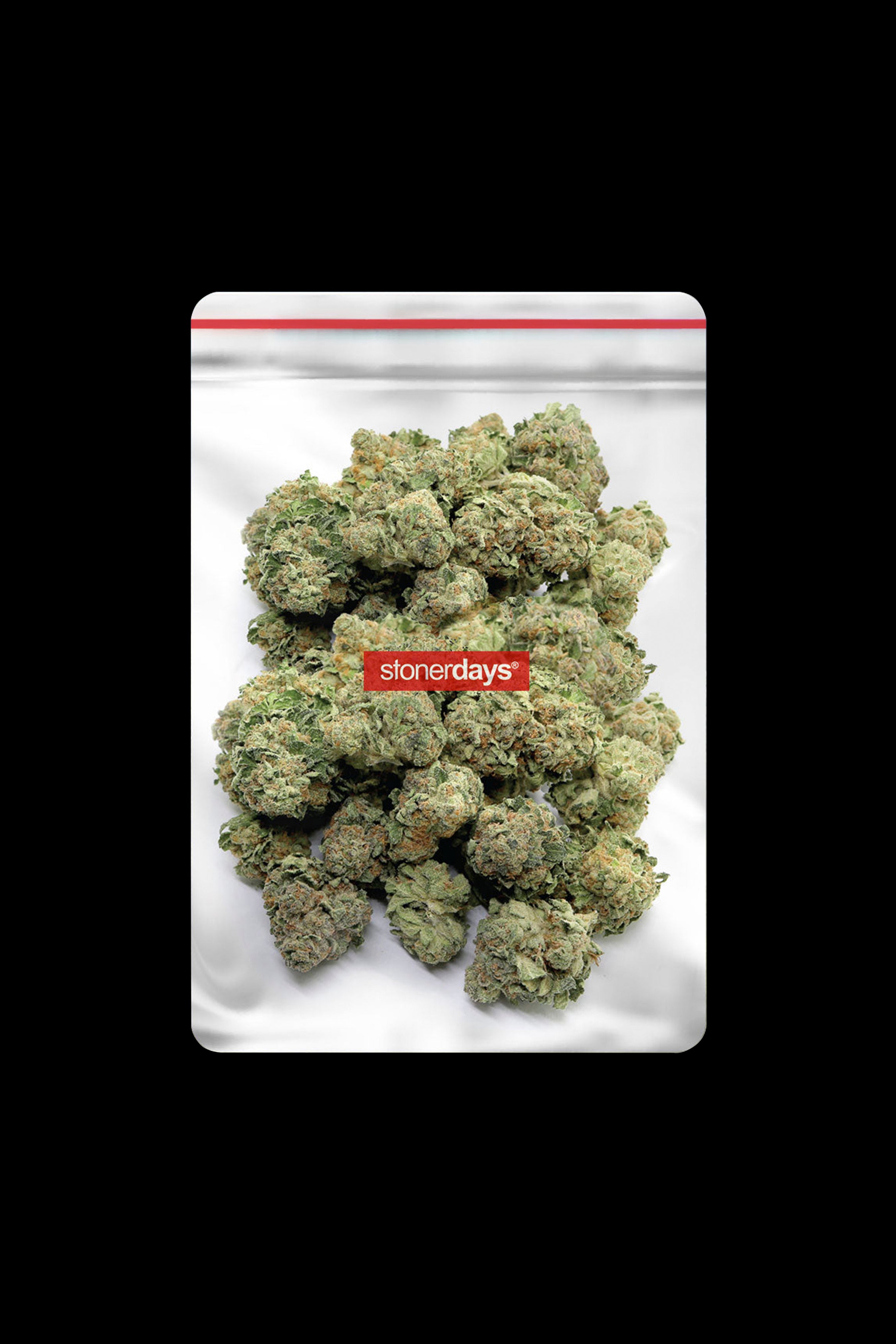 Close-up of cannabis buds inside a sealed plastic bag with a red “stonerdays” logo.