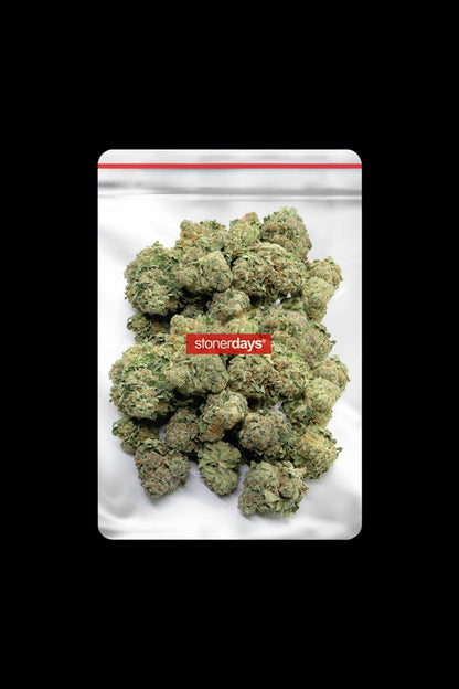 Close-up of cannabis buds inside a sealed plastic bag with a red “stonerdays” logo.