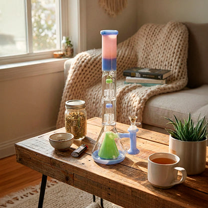 Center-front view of the Smoke Cartel Retro Pastel Beaker w/ Dual Tree & Pyramid Perc Bong -19.7 in. standing on a sunlit wooden coffee table with a cozy knit throw and books in the background.
