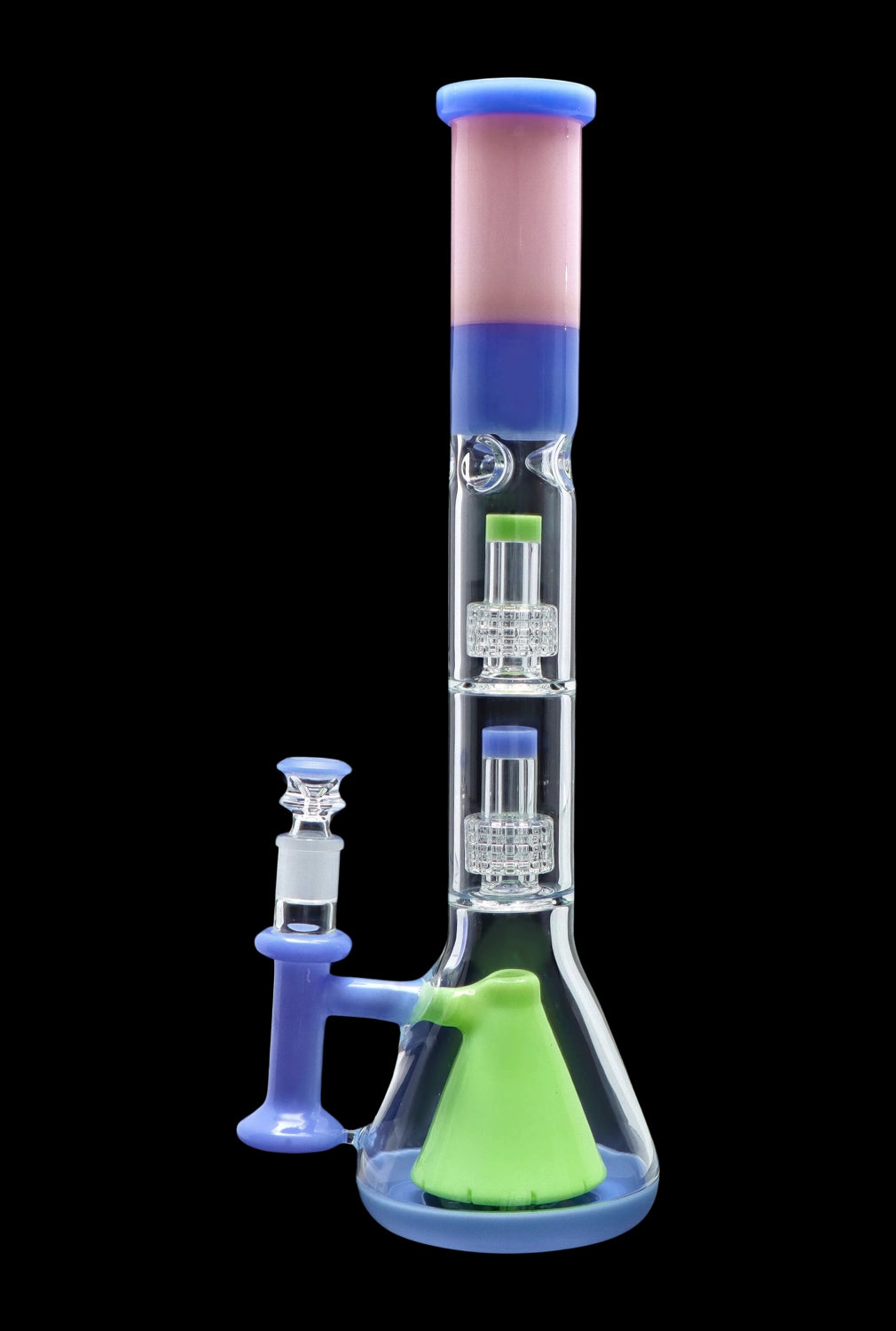 Blue and green glass bong with intricate percolators.