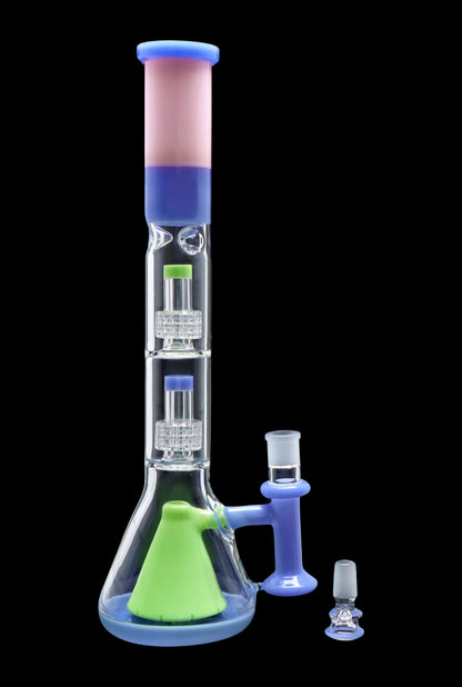 Blue and green glass bong with multiple percolators.