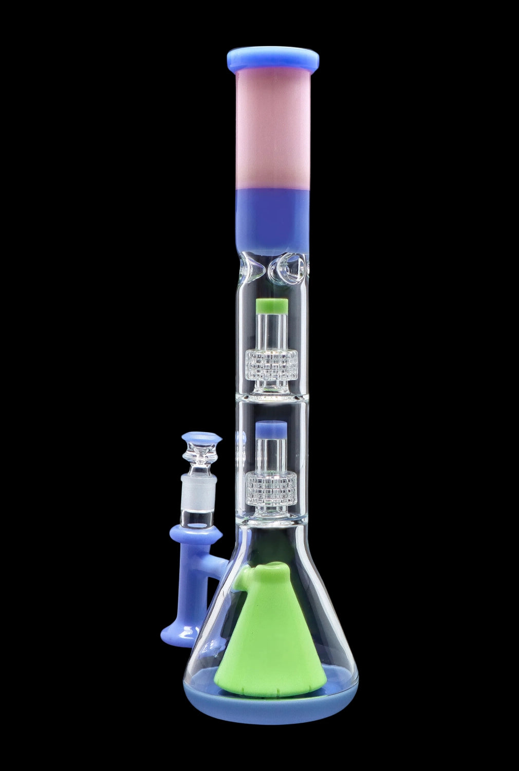 Blue and green glass bong with intricate percolators, displayed with a separate glass bowl.