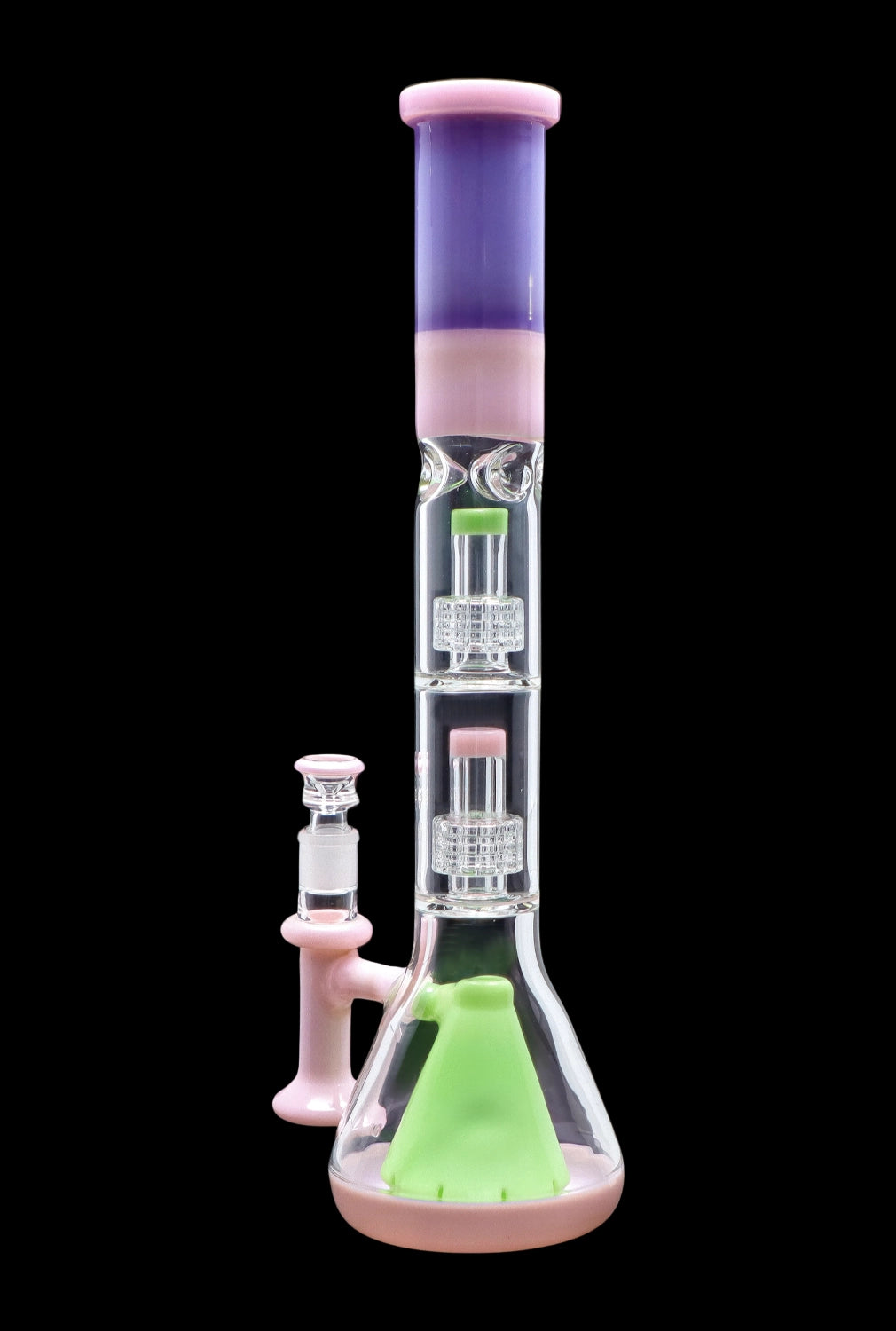 Pink and green glass bong with intricate percolators.