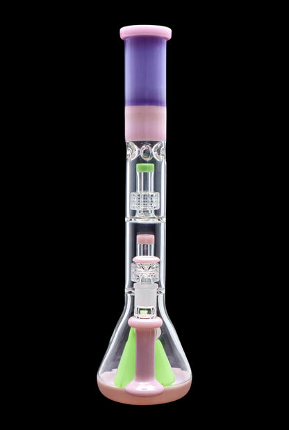 Pink and purple glass bong with multiple bubblers against a black background.