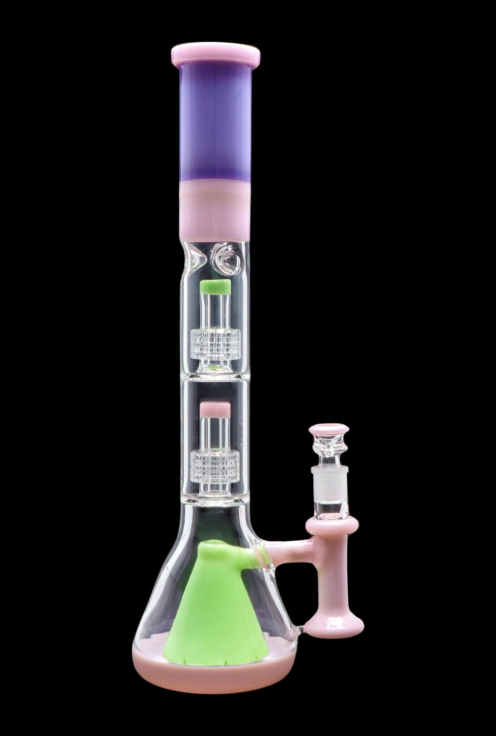 Pink and green glass bong with multiple percolators.
