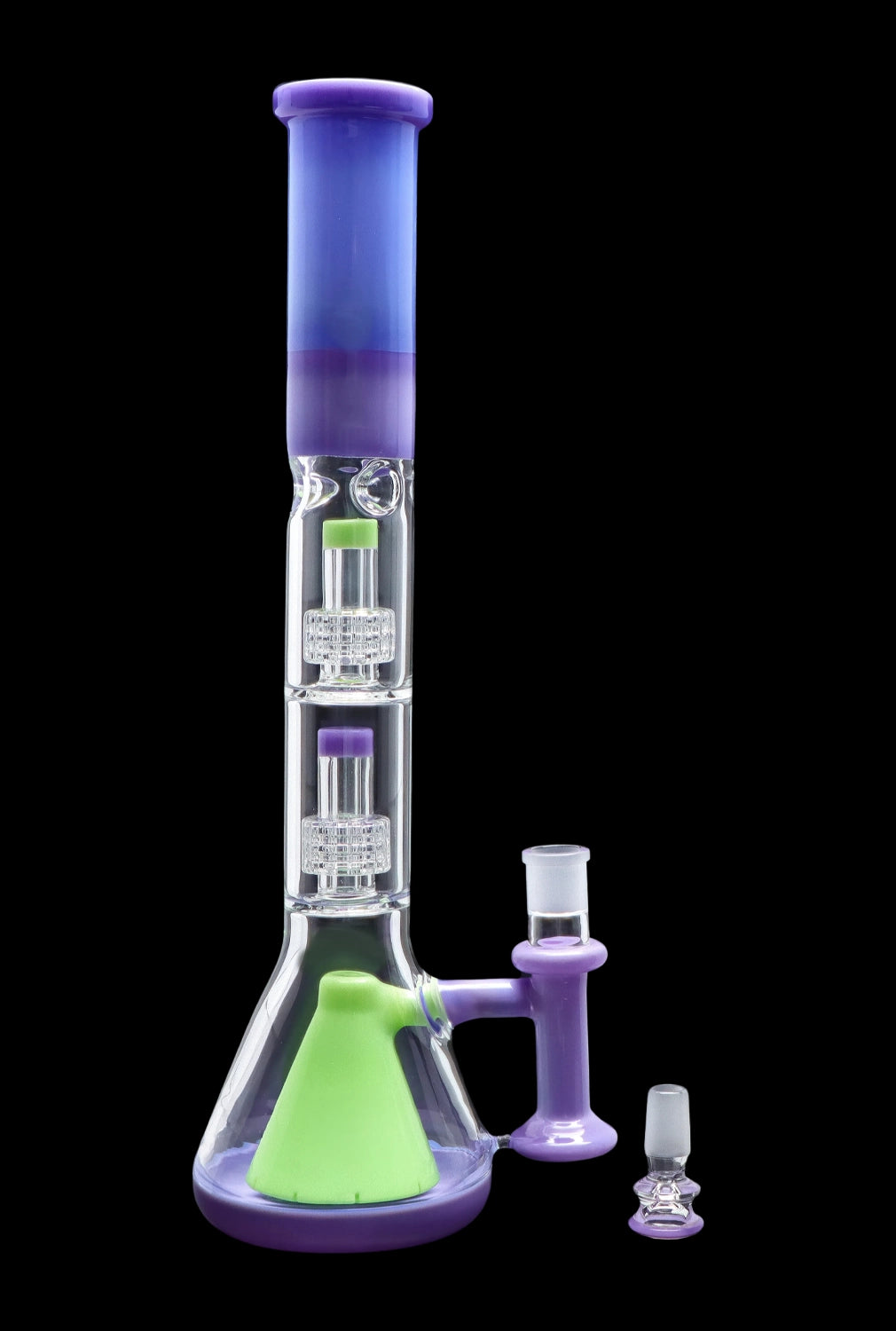 A colorful glass water pipe (bong) with a flared base, multiple filtration chambers, and accompanying glass pieces, isolated on a black background.
