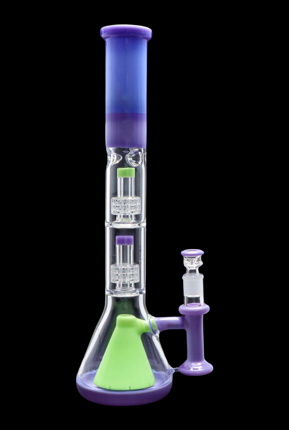 Purple and green glass bong with intricate percolators.