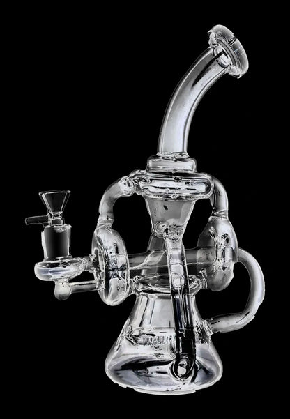 Angled close-up of the Smoke Cartel Scientific Recycler with Bent Neck Bong in clear glass against a black background