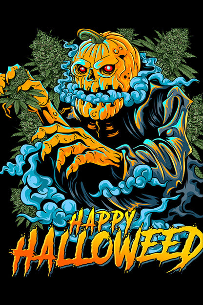 A vibrant, stylized illustration of a skeleton with a jack-o'-lantern head smoking a joint, surrounded by cannabis leaves and smoke, with the text "Happy Halloweed" below.