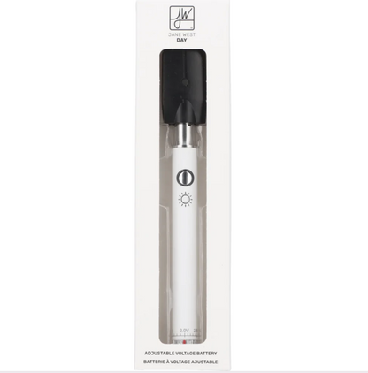 Sleek, silver Jane West adjustable voltage battery for cannabis vape cartridges.