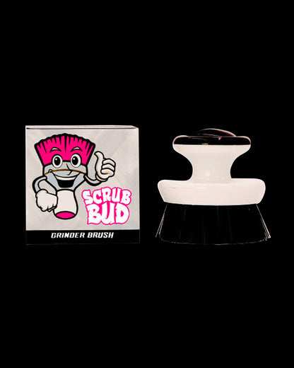 A promotional image featuring a “Scrub Bud” grinder brush with a cartoon character on the packaging and the brush itself displayed beside it.