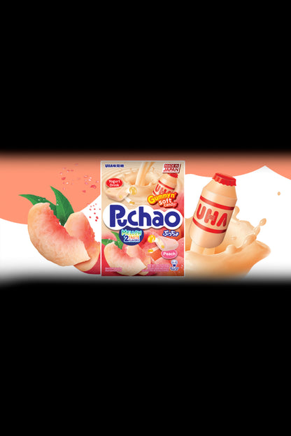 A vibrant product shot of UHA Pucao soft candy in peach flavor, presented with stylized fruit imagery, likely marketed towards cannabis consumers."
