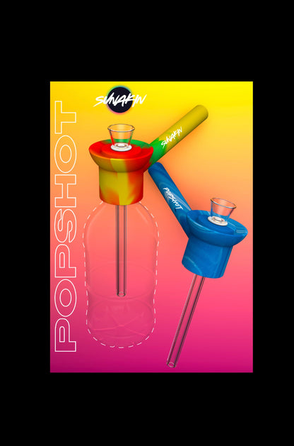 A vibrant promotional image for “PopsHot” and “Sunakin” cannabis accessories, featuring two colorful, handheld dab rigs with glass stems against a textured pink and purple backdrop.