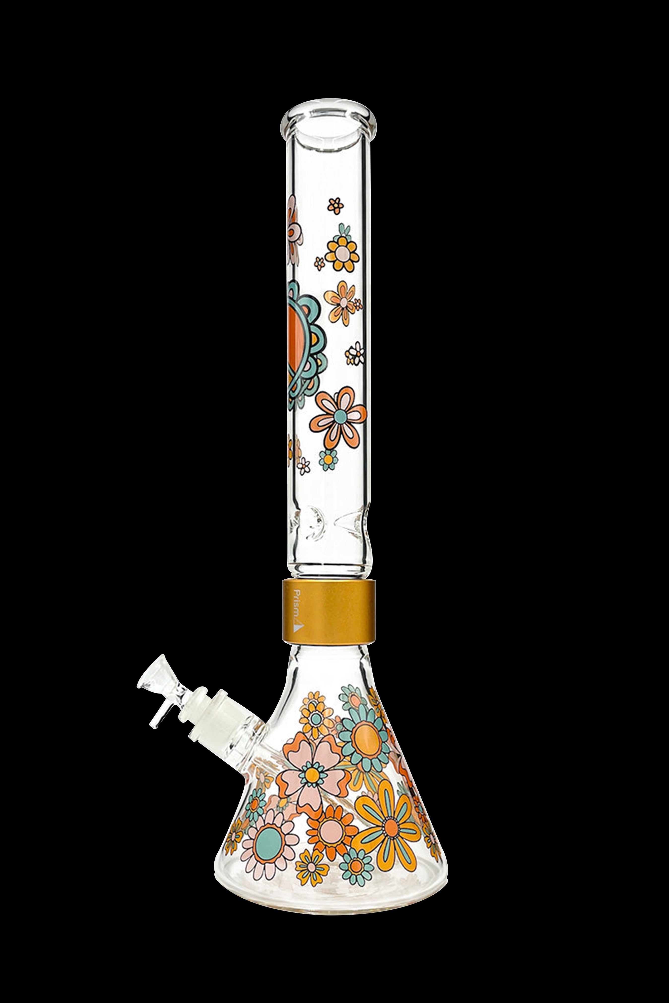 Glass bong decorated with a vintage floral pattern against a black background.
