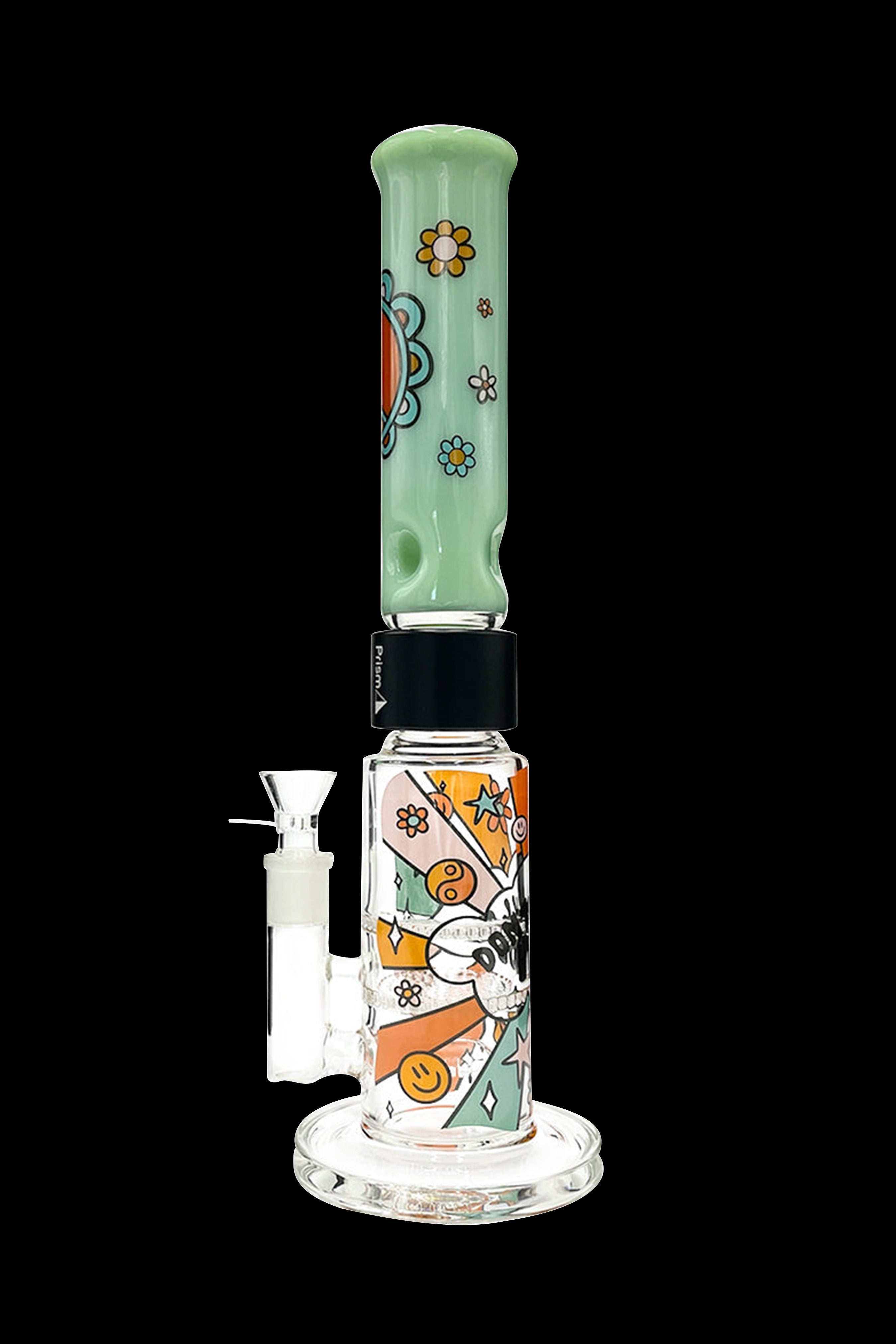 Green glass water pipe with colorful floral and smiley face designs.