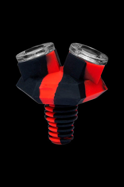 Red and black silicone cannabis oil rig banger with dual chambers.