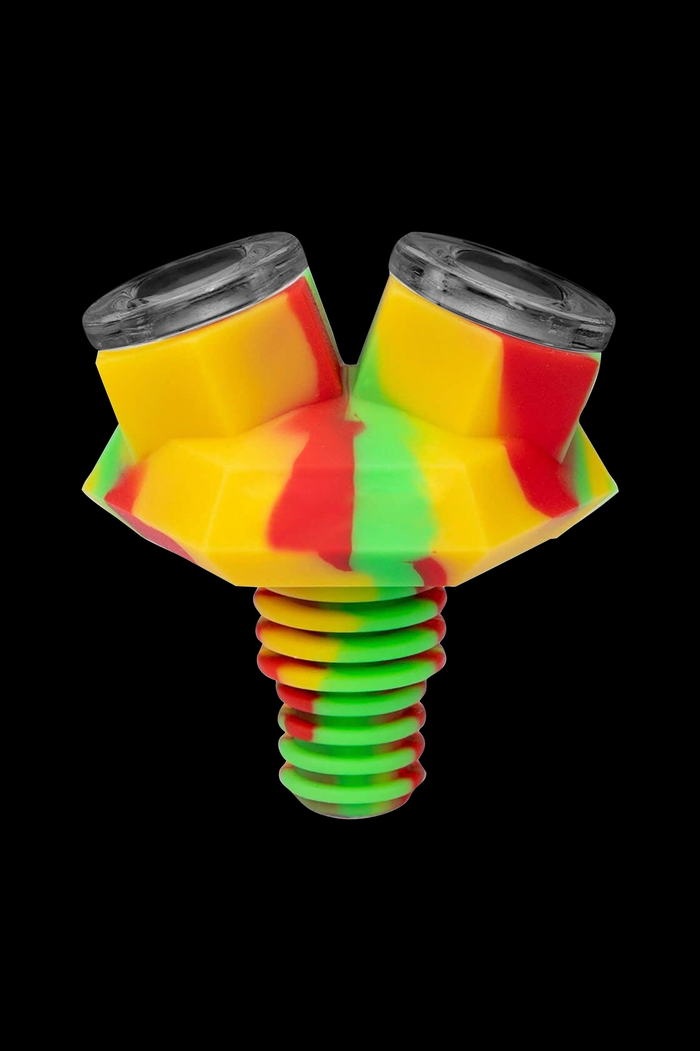 Colorful silicone dual-bowl for cannabis use.