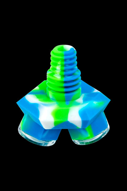 Colorful silicone dab cap for cannabis concentrates.