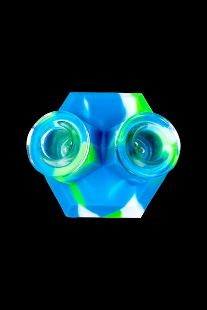 Blue and green silicone oil rig with two quartz bangers.