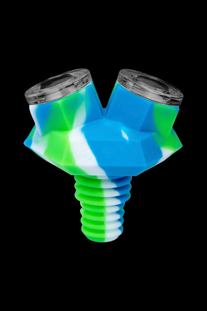 Blue and green silicone cannabis oil rig banger with dual quartz inserts.