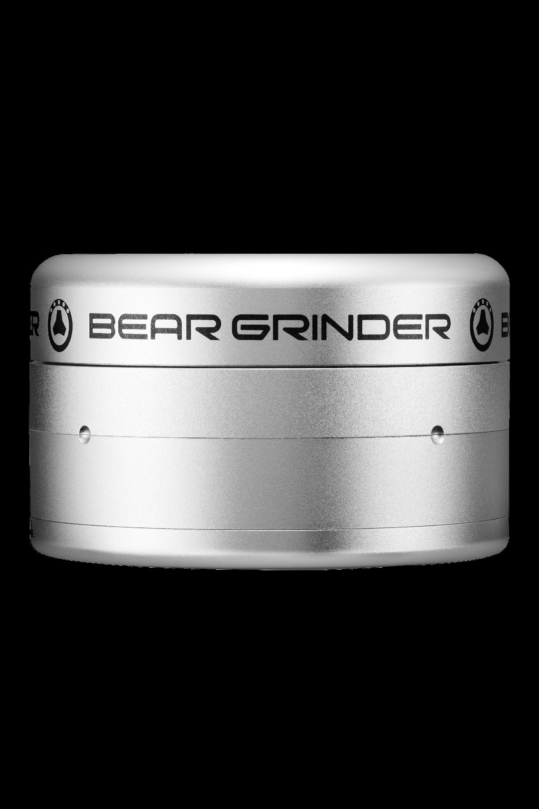 Silver cannabis grinder with "BEAR GRINDER" logo.
