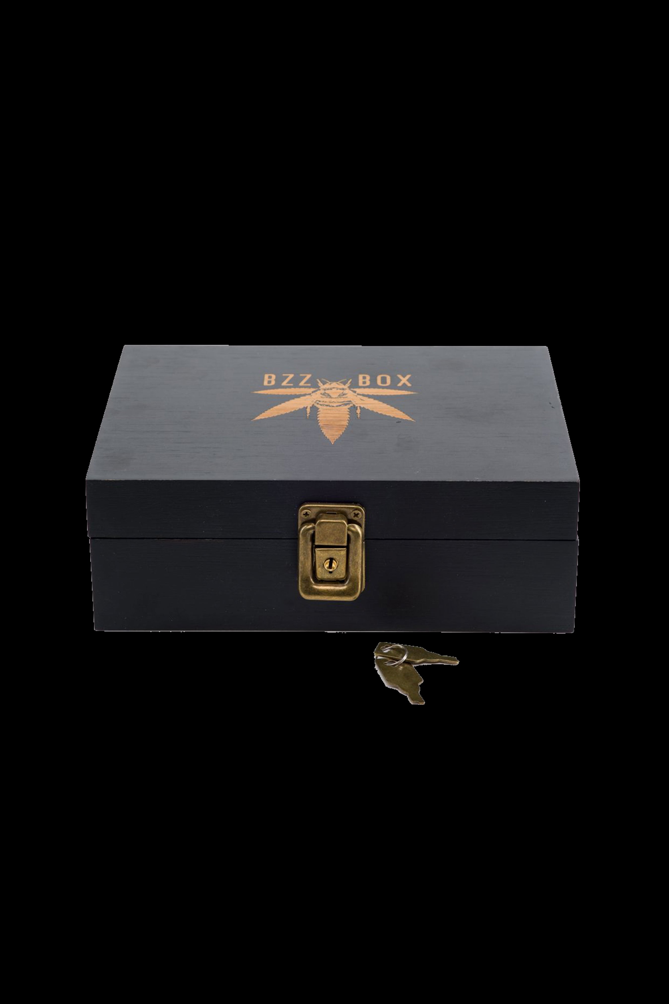 Black locked wooden box with gold “Bzz Box” logo and key, likely for cannabis storage.