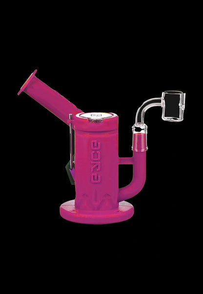 Front-facing shot of the green Eyce Solid Color Silicone Sidecar Dab Rig showing its cylindrical body, angled mouthpiece, sidecar joint and clear glass banger against a black background.