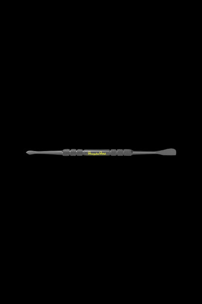 Centered horizontal view of a stainless tool on black background, the Honeybee Herb Stainless Steel Dabber - V1 showing textured grip and dual flat ends.