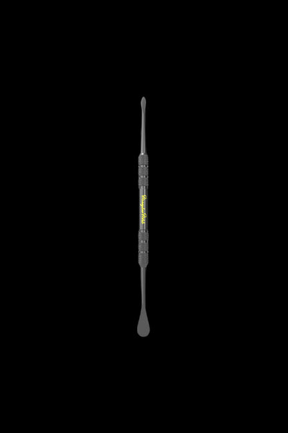 Centered vertical close-up of the Honeybee Herb Stainless Steel Dabber - V1 against a black background showing its knurled grip and spooned ends.