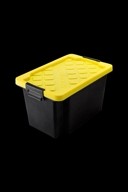 Yellow and black smell-proof container, often used for cannabis storage.
