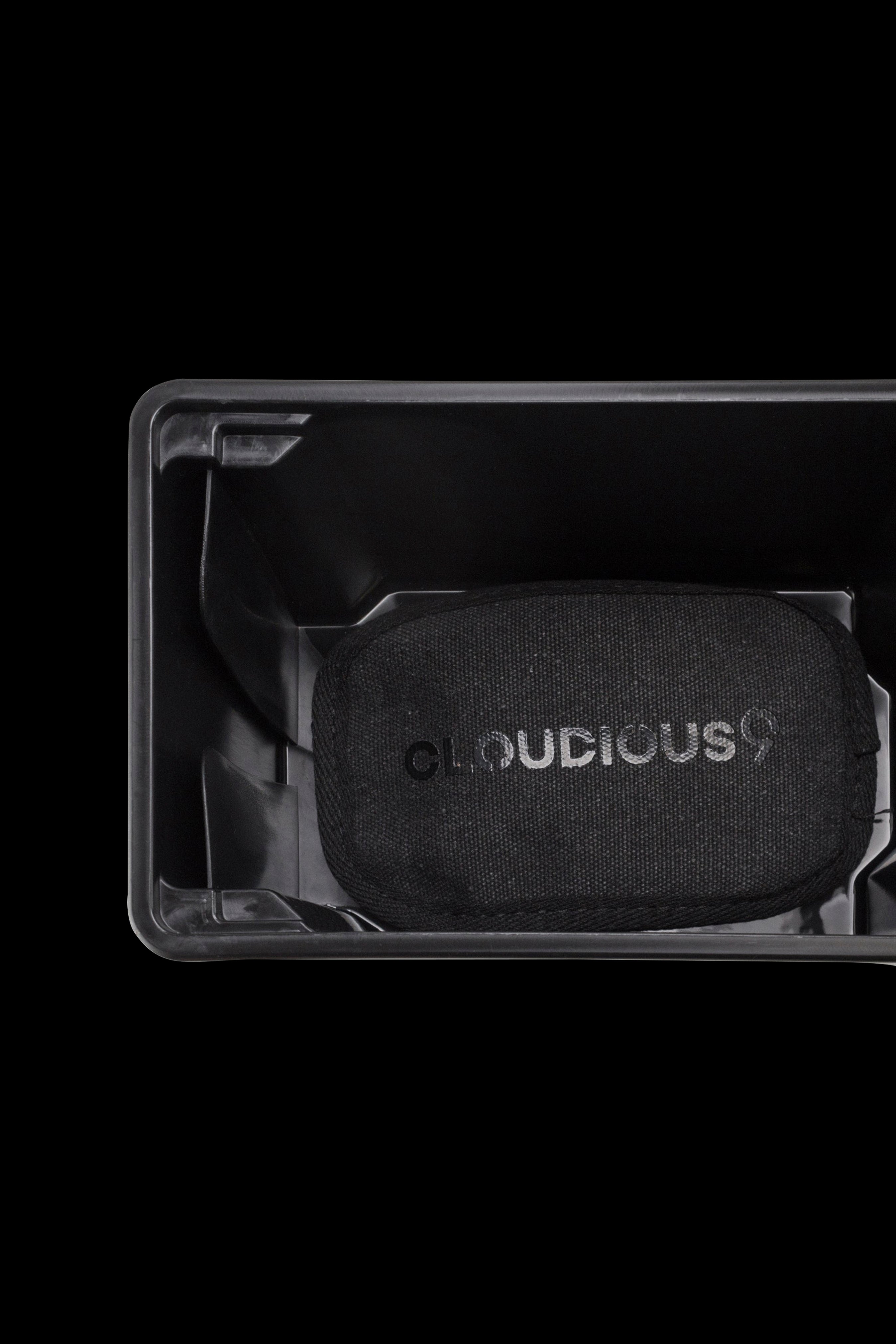 Black cannabis vaporizer case with “Cloudious” logo displayed inside.