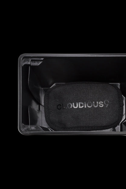 Black cannabis vaporizer case with “Cloudious” logo displayed inside.