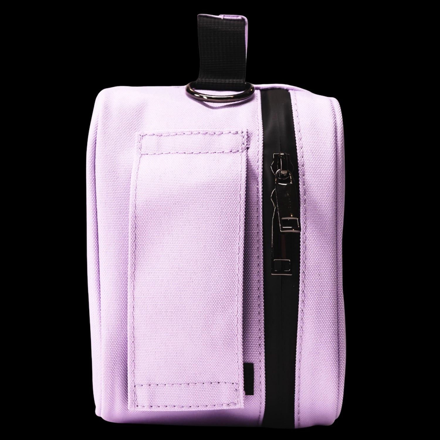 Close-up front view of a lilac fabric pouch with zipper and D-ring showing the Blazy Susan Stash Bag.