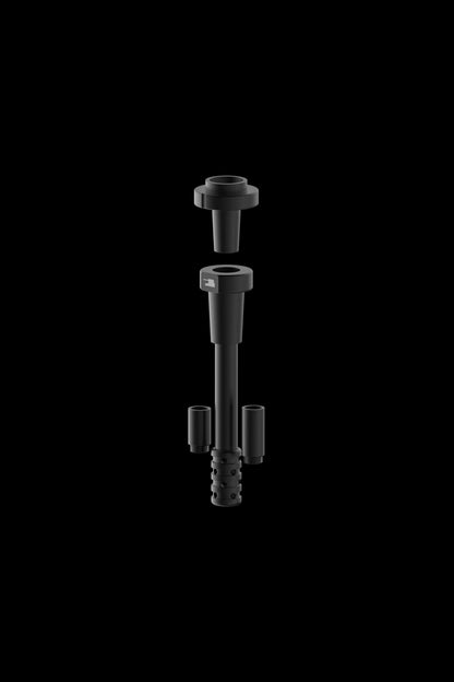 Black cannabis oil burner attachment with disassembled parts floating against a black background.