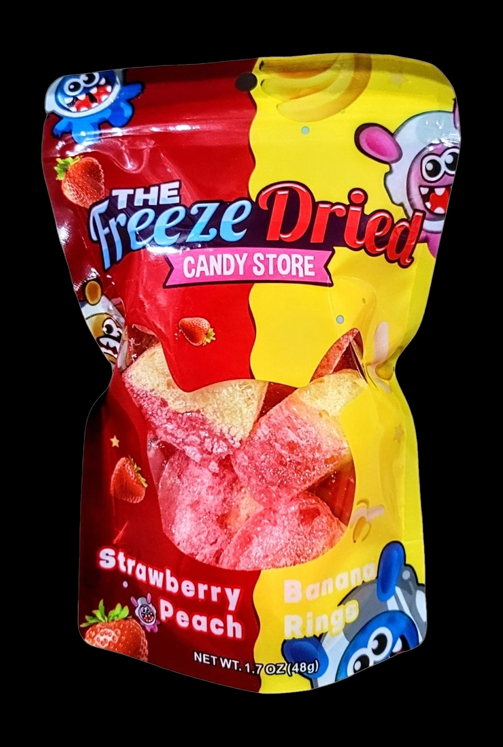 Front view of The Freeze Dried Candy Store Freeze Dried Strawberry Banana Peach Rings in a clear plastic bag.