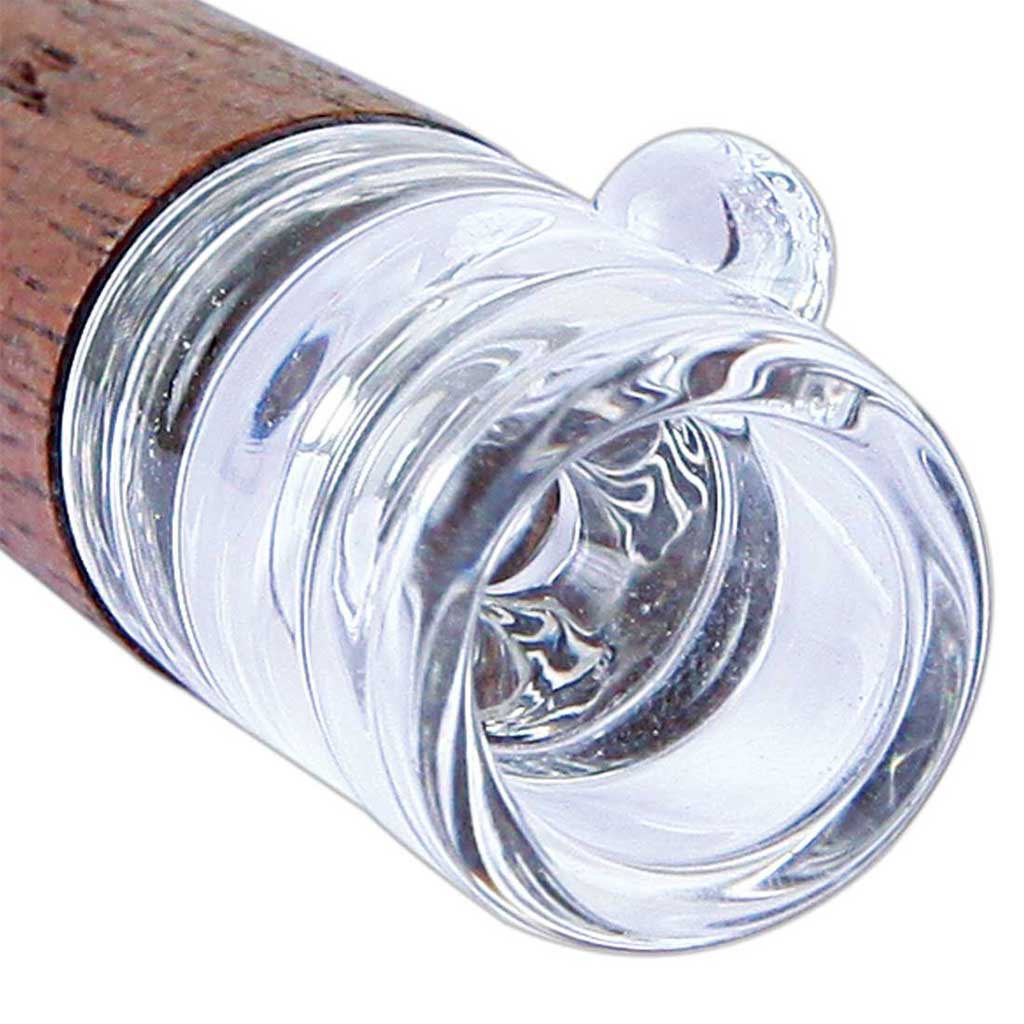 Close-up angled view of the glass tip on the RYOT Wooden One Hitter With Glass Tip showing clear, polished glass meeting a textured wooden body.