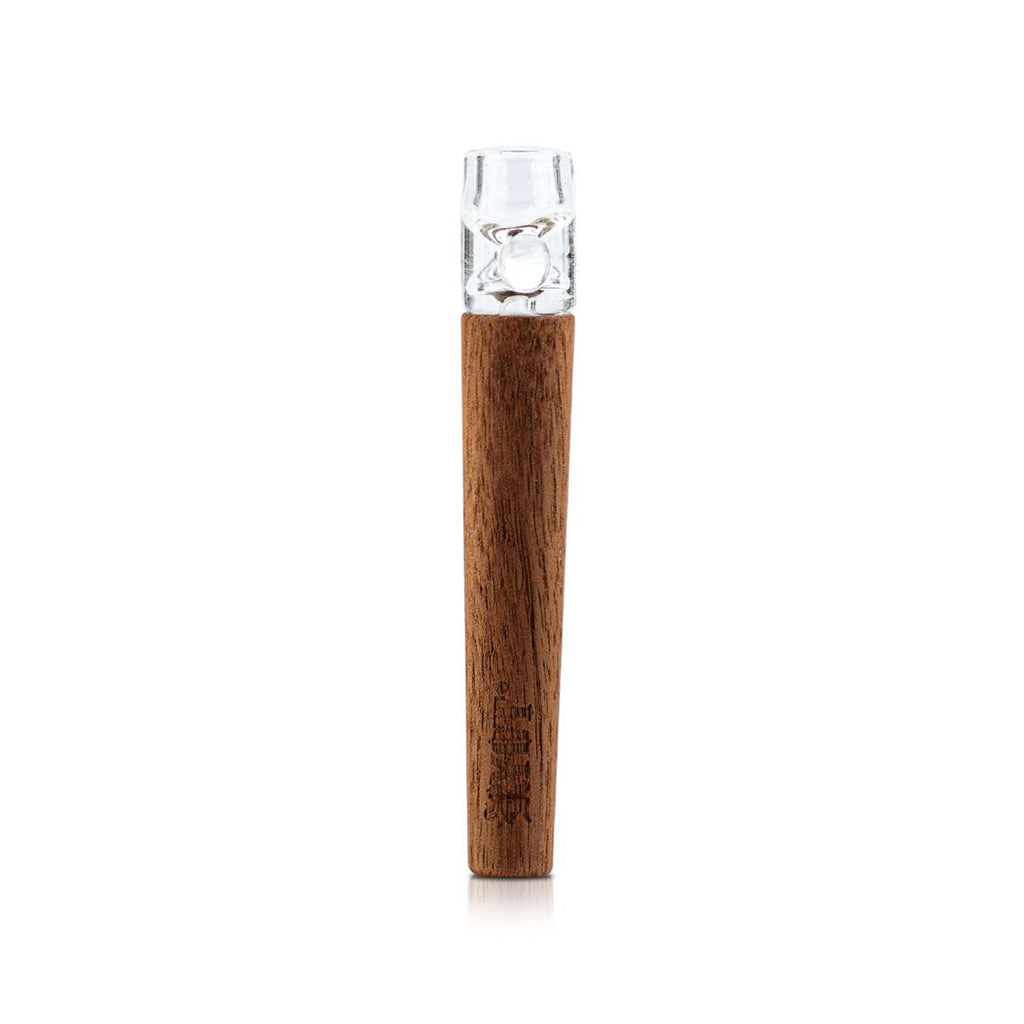 Center-frontal view of the RYOT Wooden One Hitter With Glass Tip showing a beech wooden body topped by a clear glass tip against a white background